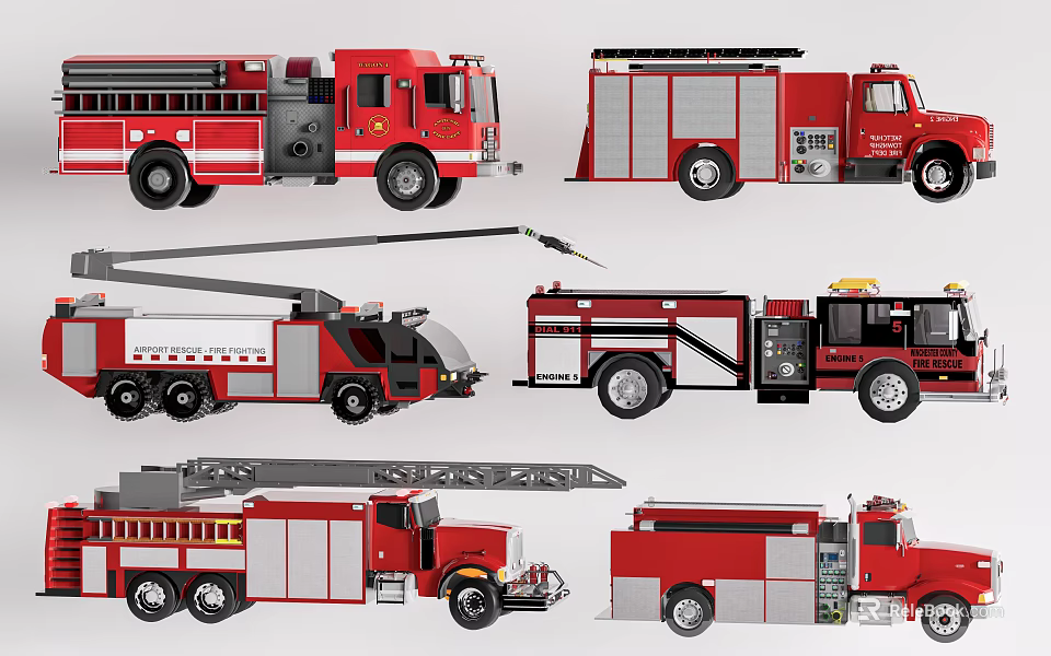 Different Red Fire Truck Models Showcasing Various Rescue Features And Designs 3d model 