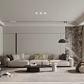 Modern Living Room Interior With Beige Sofa Coffee Table And Minimalist Wall Design