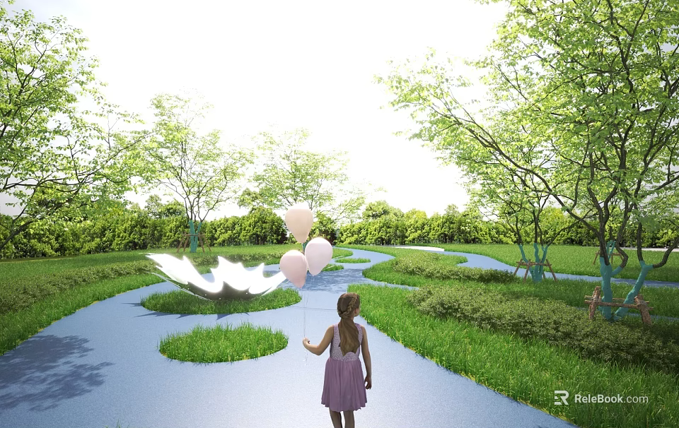 Scenic Park Landscape With Little Girl Holding Pink Balloons Green Trees Grass And Winding Path 3d model 