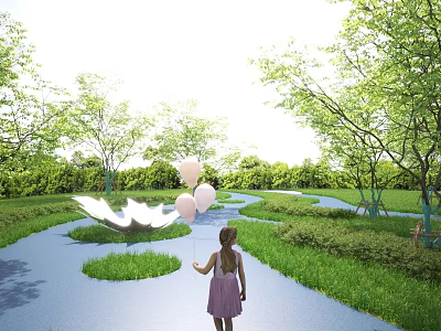 Scenic Park Landscape With Little Girl Holding Pink Balloons Green Trees Grass And Winding Path 3d model