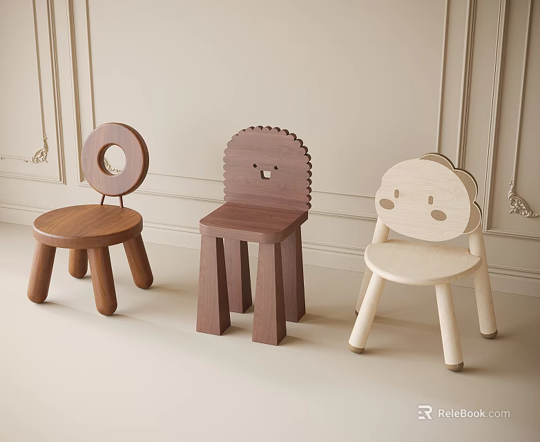 Adorable Wooden Children's Chairs With Various Fun Shaped Backrests And Sturdy Legs 3d model 