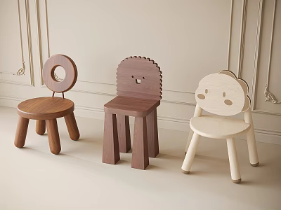 Adorable Wooden Children's Chairs With Various Fun Shaped Backrests And Sturdy Legs 3d model