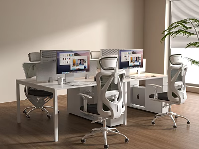 Modern Office Desk Setup With Ergonomic Chairs And Computers In Open Workspace Design 3d model