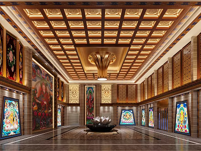 Luxurious Traditional Chinese Hall Interior With Intricate Wooden Ceiling Colorful Murals And Central Chandelier 3d model