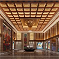 Luxurious Traditional Chinese Hall Interior With Intricate Wooden Ceiling Colorful Murals And Central Chandelier