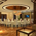 Luxurious Private Dining Room Interior With Round Table White Chairs Chandelier TV And Wall Art