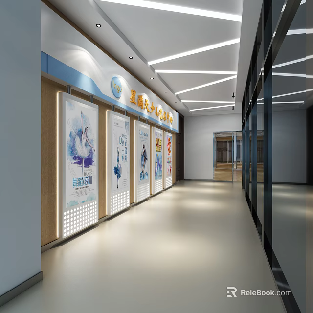 Bright Modern Elevator Hallway With Promotional Display Boards And Ceiling Lighting 3d model