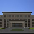 Modern Beige Office Building With Symmetrical Design Large Windows Front Entrance Lawn And Trees