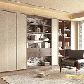 Modern Bookcase Design With Beige Dark Cabinets Books Decorations Chair Window Rug