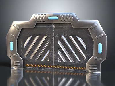 Futuristic Metallic Door Structure With Blue Indicators Striped Panels And Yellow Accents 3d model