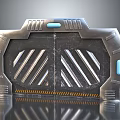 Futuristic Metallic Door Structure With Blue Indicators Striped Panels And Yellow Accents