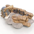 Rustic Scene Components With Stone Walls Wooden Gate And Stone Slabs