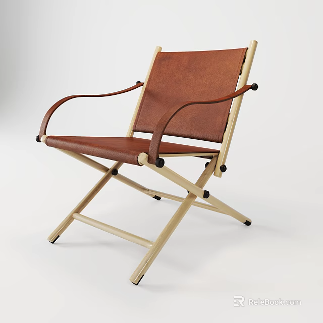 Modern Folding Single Chair Featuring Wooden Frame Brown Leather Seat And Armrests 3d model 