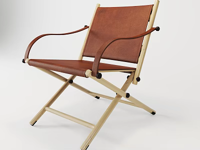 Modern Folding Single Chair Featuring Wooden Frame Brown Leather Seat And Armrests 3d model