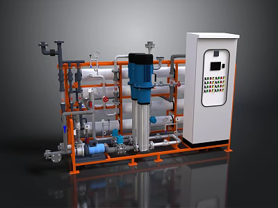 Industrial Water Treatment Equipment With Pipeline System Blue Pump Multiple Filters And Control Cabinet 3d model