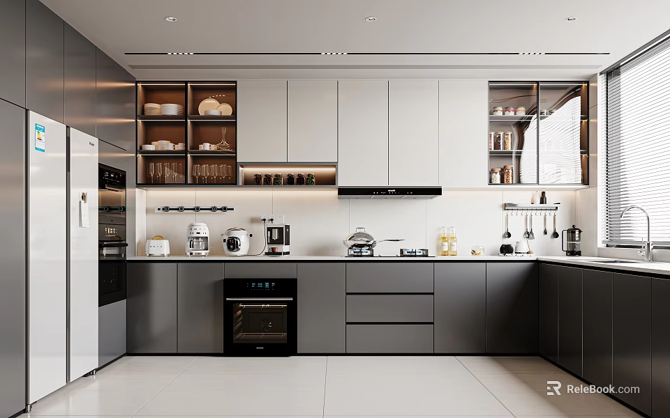 Modern Kitchen Interior With Gray Cabinets Island Counter And White Appliances 3d model 
