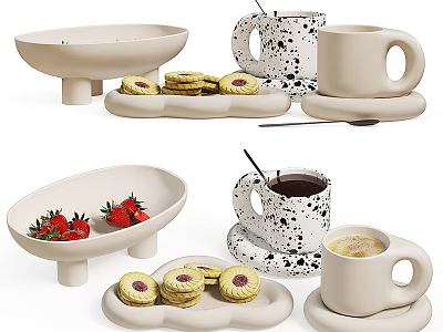 Fresh Strawberries and Round Cookies Served in Ceramic Bowls with Mugs of Hot Beverages 3d model