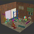 Gym Interior With Red Brick Walls Windows Barbell Dumbbells Treadmill And Yoga Mat