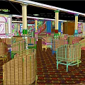 Elegant Restaurant Dining Area With Wicker Chairs Colorful Red Yellow Carpet White Columns And Staircase
