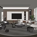 Modern Living Room Interior Design With TV Wall Sofa Round Coffee Table And Potted Plant