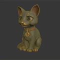 Metallic Cat Sculpture With Copper Ears Paws Red Collar And Circular Pendant