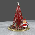 Red Christmas Tree With Star Santa Claus Figure Reindeer Gifts And Golden Railing