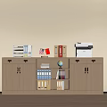Office Cabinet With Organized Files Globe Lamp And Printer On Top