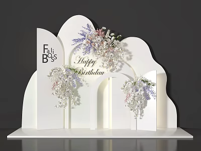 Elegant Floral Display With White Cloud Structure Purple White Flowers And Birthday Theme 3d model