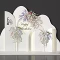 Elegant Floral Display With White Cloud Structure Purple White Flowers And Birthday Theme