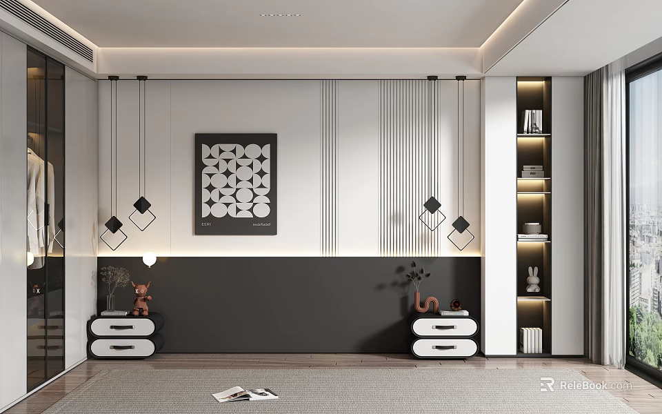 Modern Bedroom Accent Wall With Black White Geometric Art Pendant Lights And Bedside Tables 3d model 