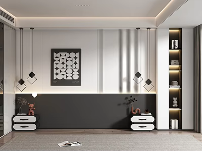 Modern Bedroom Accent Wall With Black White Geometric Art Pendant Lights And Bedside Tables 3d model