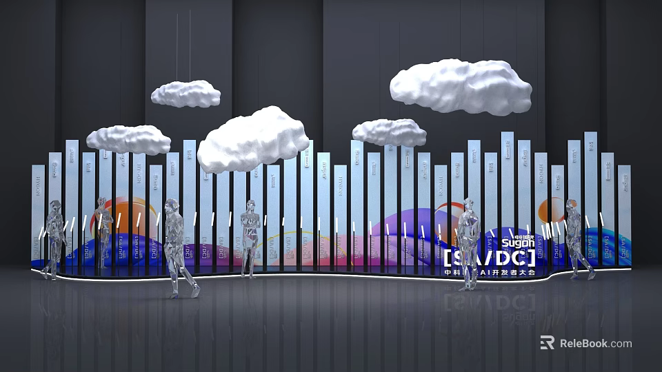 Modern Interior Display With Cloud Decorations Vertical Stripe Curved Wall Colorful Gradient And Human Silhouettes 3d model 