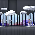 Modern Interior Display With Cloud Decorations Vertical Stripe Curved Wall Colorful Gradient And Human Silhouettes