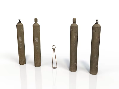 Four Brown Rustic Gas Cylinders With Small Metal Ring On White Surface 3d model