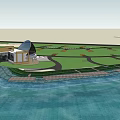 Modern Architectural Design With Curved Glass Roof Yellow Structure Waterfront Green Lawn And Tiled Ground