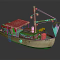 Wooden Boat Featuring Red And White Patterned Canopy Ladder Lanterns Fishing Net And RITA Name