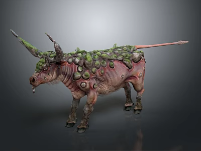 Fantasy Bovine Creature Character With Green Plant Covered Body And Unique Textured Skin 3d model
