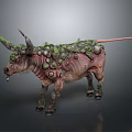 Fantasy Bovine Creature Character With Green Plant Covered Body And Unique Textured Skin