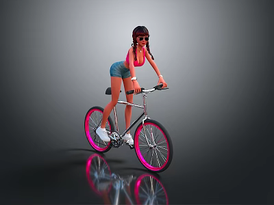 Female Game Movie Character Wearing Sunglasses Pink Top Denim Shorts Riding Bicycle With Pink Wheels 3d model
