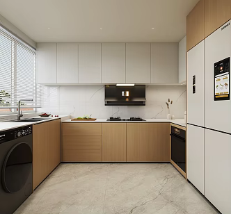 Cream Log Style Kitchen High and Low Cabinet Washing Machine Steam Oven Square Range Hood Refrigerator Cabinet 3d model