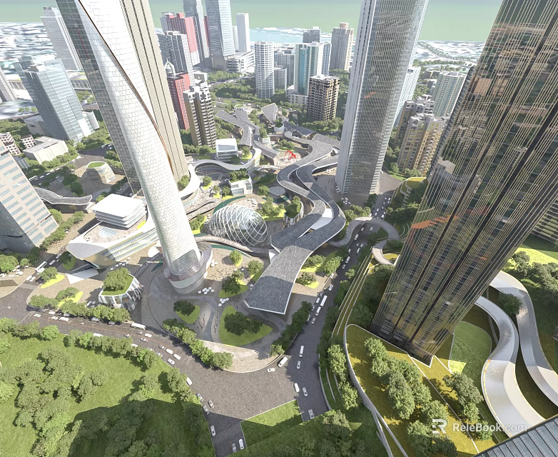 Aerial View Urban Planning With Tall Skyscrapers Green Spaces And Road Networks 3d model 