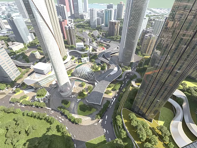 Aerial View Urban Planning With Tall Skyscrapers Green Spaces And Road Networks 3d model