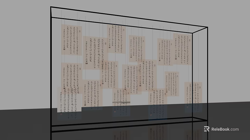 Interior Event Display Wall With Transparent Frame Hanging Papers And Text 3d model