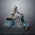 Silver Metallic Robot Riding Blue Vintage Scooter With Orange Headlight And Rustic Accents