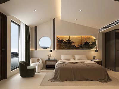 Modern Hotel Guest Room With King Size Bed Green Armchair Round Mirror And Decorative Painting 3d model