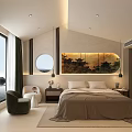 Modern Hotel Guest Room With King Size Bed Green Armchair Round Mirror And Decorative Painting