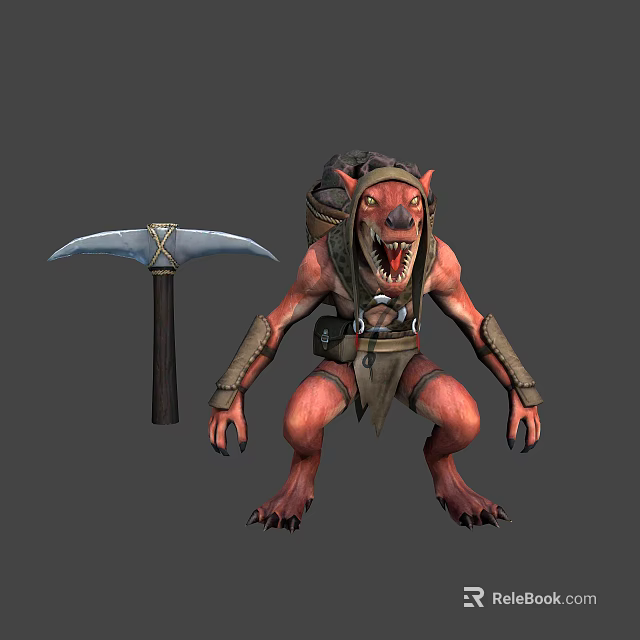 Wolf Headed Fantasy Character Creature With Red Skin And Pickaxe 3d model 
