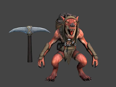 Wolf Headed Fantasy Character Creature With Red Skin And Pickaxe 3d model