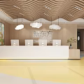 Modern Shop Reception Area With Wavy Ceiling Cloud Lights Wooden Walls And Art Painting