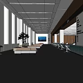 Modern Spacious Service Hall with Waiting Benches Counters Large Screen Plants Windows and Self-service Kiosks